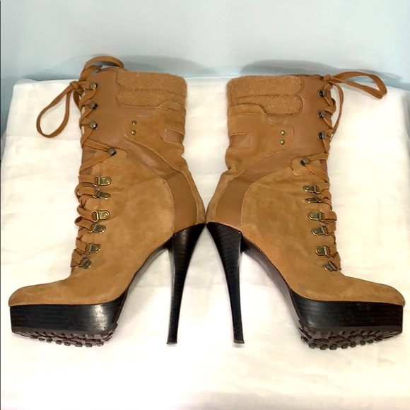 :Sold: Bebe Yvette III Suede Lace up Boots Tan - Picture 3 of 16